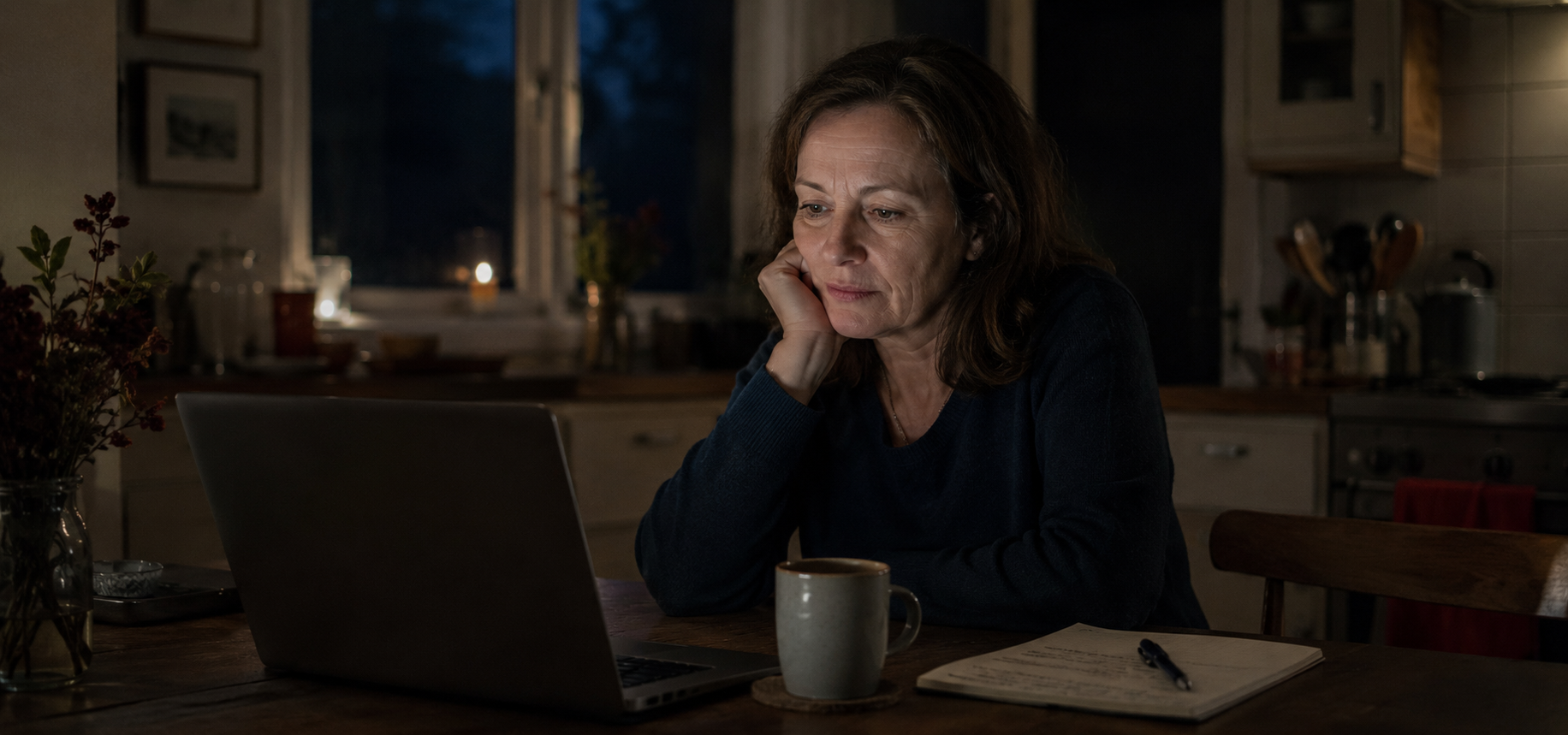 Woman researching senior living options on a laptop late at night